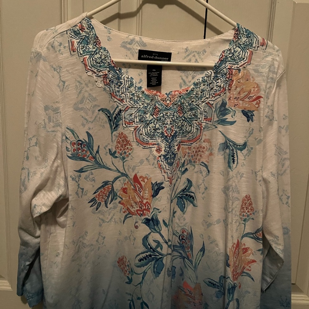 Alfred Dunner Women's Floral Top - White, Blue, and Coral